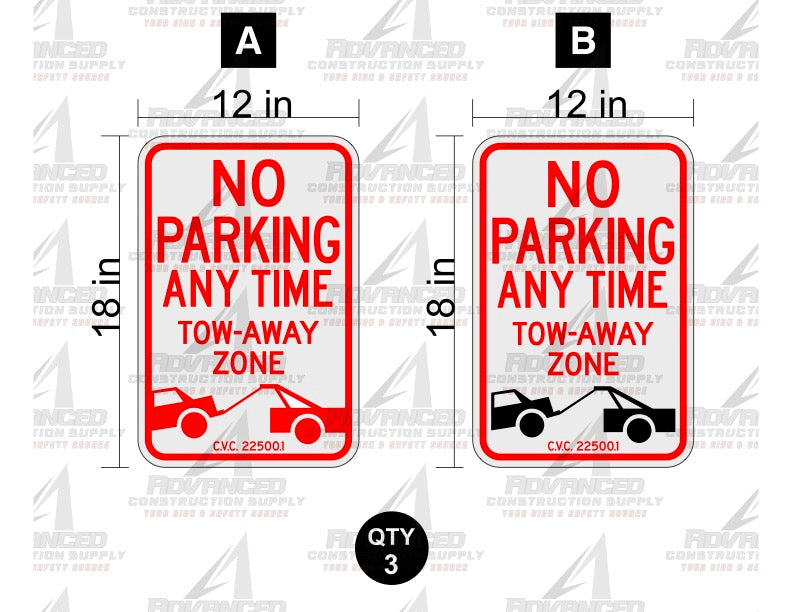 12x18 Alum Custom Sign Red & Black on White "No Parking Any Time Tow Away Zone" (B)